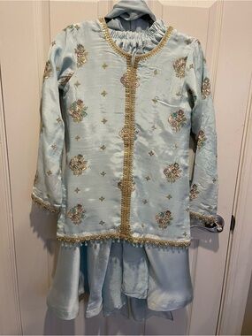 Custom made Never worn Light Blue Embroidered Girls' sharara Set with Gold Trim